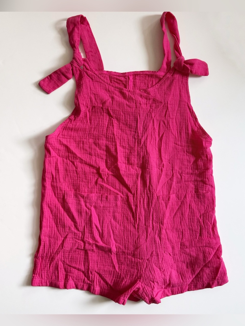 3 for $20 Fuchsia Tie-Strap Romper with Front Pockets - Picture 4 of 11